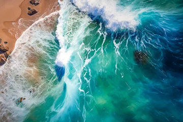 Fototapeten Plage, mer, vagues et océan turquoise vue de dessus par drone - Générative IA © Concept Photo Studio