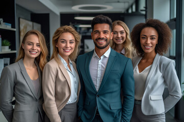 Obraz premium A diverse group of businesspeople poses for a professional team photo, exuding confidence and professionalism, while looking smart and impeccable. Generative AI.