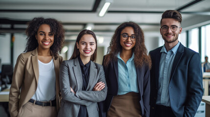 Obraz premium A diverse group of businesspeople poses for a professional team photo, exuding confidence and professionalism, while looking smart and impeccable. Generative AI.