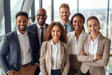 A diverse group of businesspeople poses for a professional team photo, exuding confidence and professionalism, while looking smart and impeccable. Generative AI.