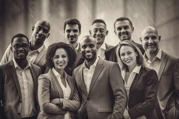Obraz premium A diverse group of businesspeople poses for a professional team photo, exuding confidence and professionalism, while looking smart and impeccable. Generative AI.
