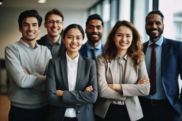 Obraz premium A diverse group of businesspeople poses for a professional team photo, exuding confidence and professionalism, while looking smart and impeccable. Generative AI.