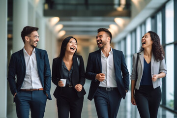 Obraz premium A diverse group of businesspeople poses for a professional team photo, exuding confidence and professionalism, while looking smart and impeccable. Generative AI.