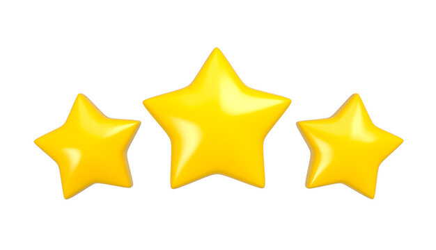 Set of three yellow stars isolated. Concept of rate or competitions. 3d rendering.