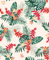 Watercolor flowers and foliage pattern, red tropical elements, green leaves, white background, seamless