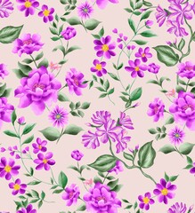 Fototapeta na wymiar Watercolor flowers pattern, purple tropical elements, green leaves, pink background, seamless