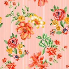 Watercolor flowers pattern, orange tropical elements, green leaves, stripes background, seamless