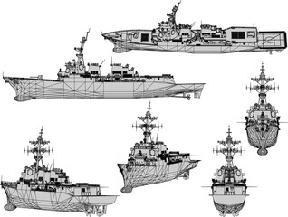 Sketch vector illustration of a sea ship with combat war weapons ready to fire for battle © nur