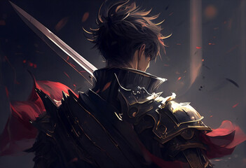 A guy with a sword in battle in anime style. AI Generated