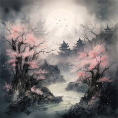 Dark zenith garden of sakura blossoms, japanese style, illustration, Generative AI