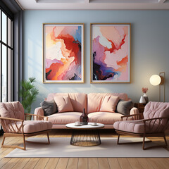 A vibrant and artful pastel-colored living room, filled with furniture and colorful paintings on the walls, creates a cozy den atmosphere perfect for relaxing on the couch and loveseat with a pillow 