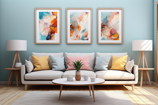 This vibrant and inviting living space features a cozy couch surrounded by pastel pillows, a loveseat with vibrant cushions, a decorative vase, and colorful art adorning the walls, creating a stylish