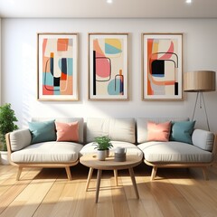 This vibrant living room features a colorful pastel palette, complete with a cozy sofa and loveseat, decorative pillows, an armrest vase, and various other pieces of stylish furniture that make it a 