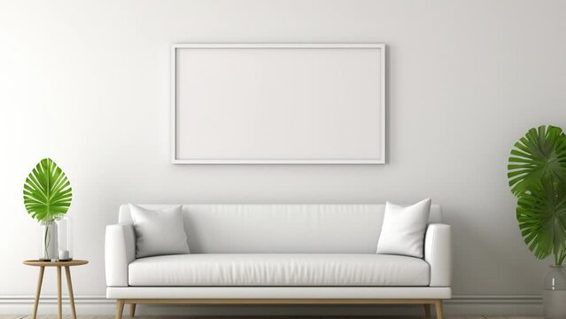 Frame by frame 3D animation interior living room. Empty white frame for art on wall. Elegant furniture in the interior