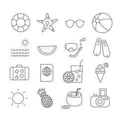 Simple set of summer on the beach collection. Travel or island vacation theme. Outline icons vector on white background