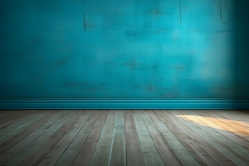 "Modern Minimalism - Turquoise Empty Wall and Wooden Floor - Generative AI"