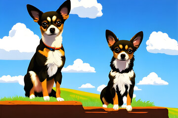 Illustration of blue sky and two chihuahuas, Generative Ai