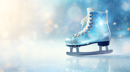 A single shiny blue ice skate on light blue bokeh background. Blue glittering ice skates banner with copy space for text. Winter sports and activity concept, figure ice skating background. AI - obrazy, fototapety, plakaty