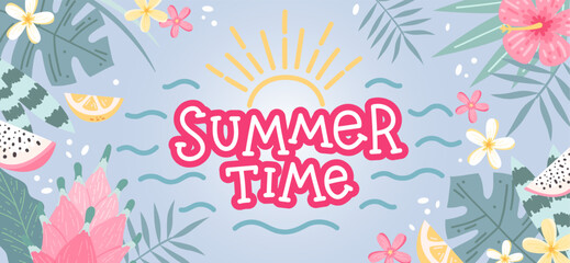 Hello Summer lettering, background with flowers and leaves. Hand drawn vector illustration