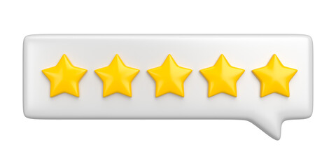 Comment message bubble review icon isolated. Cartoon yellow five stars concept of rate or feedback. 3d rendering.