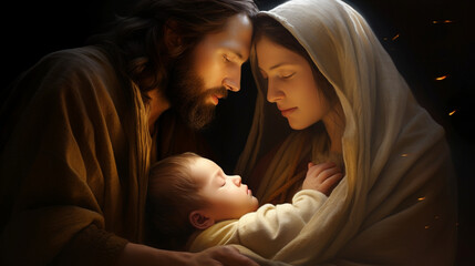 A mesmerizing image of the Holy Family, with Joseph, Mary, and baby Jesus gathered in an intimate and serene moment Generative AI