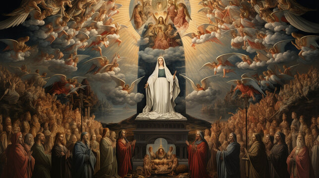 A visually elaborate image of the Coronation of Mary, with her crowned as Queen of Heaven, surrounded by angels and saints Generative AI