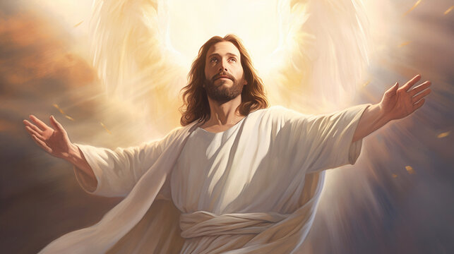 An awe-inspiring image of Jesus Christ, depicted with outstretched arms and a radiant halo, conveying love and compassion Generative AI