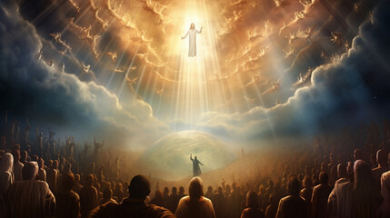 A mesmerizing image of the Ascension, with Jesus ascending to heaven in a burst of light, surrounded by his disciples Generative AI