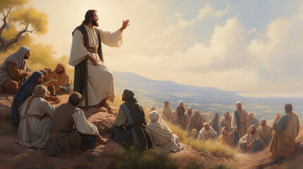 A captivating portrayal of the Sermon on the Mount, with Jesus teaching a crowd of followers on a hillside Generative AI