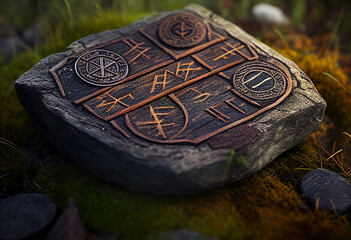 Scandinavian runes lie on the board. AI Generated