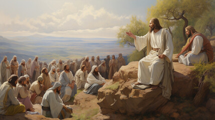 A captivating portrayal of the Sermon on the Mount, with Jesus teaching a crowd of followers on a hillside Generative AI
