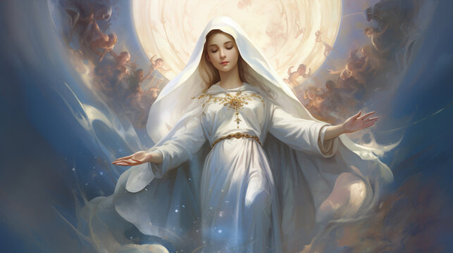 A captivating portrayal of the Immaculate Conception, showing Mary conceived without original sin, adorned in radiant white Generative AI