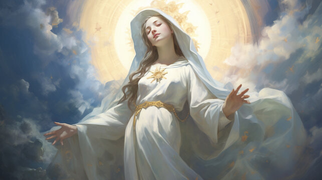 A captivating portrayal of the Immaculate Conception, showing Mary conceived without original sin, adorned in radiant white Generative AI