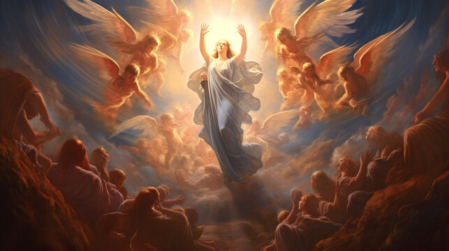 A mesmerizing image of the Assumption, with Mary being taken up to heaven by angels, surrounded by heavenly light Generative AI