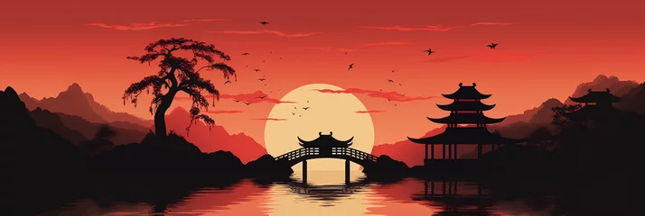 Keuken foto achterwand Chinese Arch Sunset: A Realistic Vector Illustration © VietAnh