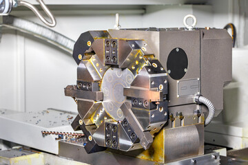 Industrial equipment, fragment of an industrial lathe with a six-position cutter head.