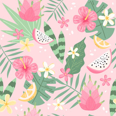 Tropical leaves and flowers seamless patterns on light pink background, hand drawn colorful vector illustration