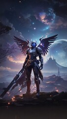 Naklejka premium Angel wearing a robotic armour with wings