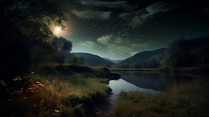 nature landscape night, illustration, Generative AI