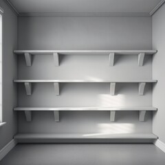 Empty room with white shelves and sunlit walls, bright and spacious