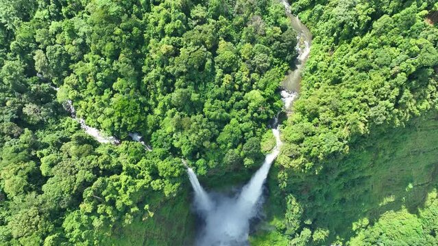 The Tad Fane waterfall, on the Bolaven Plateau in Laos, a few kilometers west of Paksong Town, in Champasak Province, within the Dong Houa Sao National Protected Area.bird eye view,aerial view