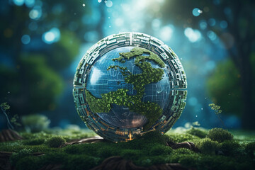 Obraz na płótnie Canvas Green Earth showcasing Environmental Technology and Sustainable Development Goals (SDGs). Image depicts concept of environmental sustainability and nature preservation with prominent environment icons