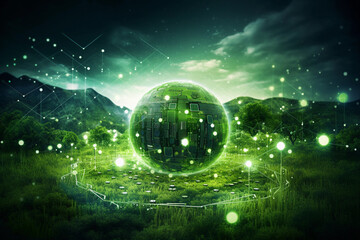 Obraz premium Green Earth showcasing Environmental Technology and Sustainable Development Goals (SDGs). Image depicts concept of environmental sustainability and nature preservation with prominent environment icons