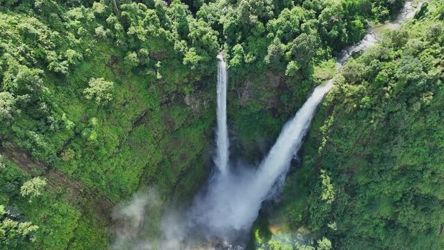 The Tad Fane waterfall, on the Bolaven Plateau in Laos, a few kilometers west of Paksong Town, in Champasak Province, within the Dong Houa Sao National Protected Area.bird eye view,aerial view