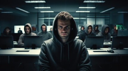 Portrait of Hacker with hoody. Hacker group team in front laptop in modern office, Generative Ai.