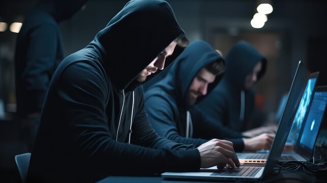 Hackers with hoodies. Hacker group team in front laptop in modern office, Generative Ai.