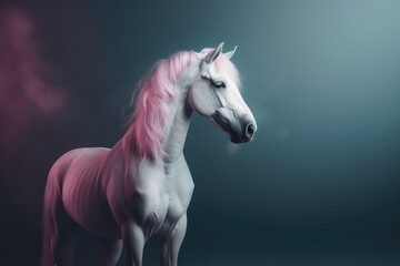 Obraz na płótnie Canvas Pink hair white horse against dark blue background. Isolated, free space for text copy.