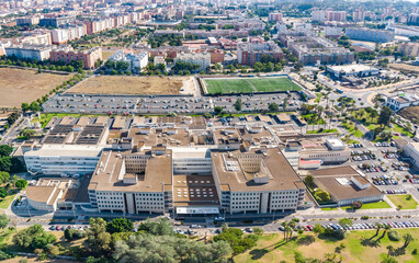 Aerial panoramic drone view of the Juan Ramon Jimenez University Hospital from emergencies side, a...