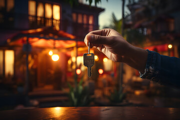 Fototapeta na wymiar New Homeowner Receiving Keys in Front of Their House - Generative AI