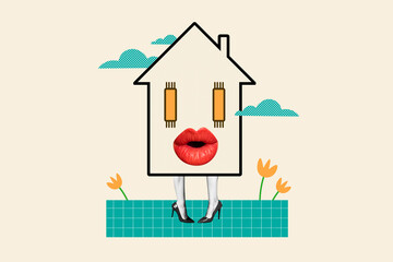 Composite collage metaphor artwork picture of head absurd house apartment real estate agency with...